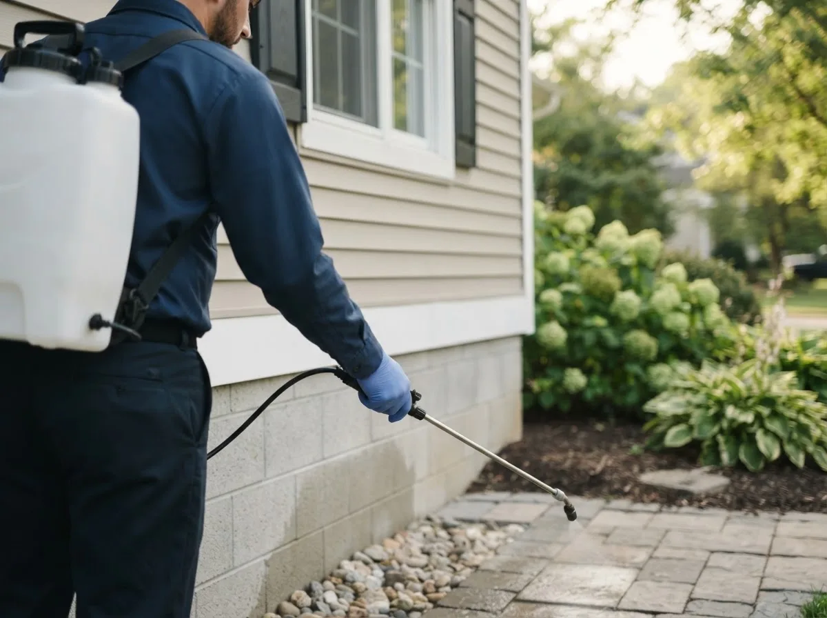 Pest control technician inspecting a home in Clearwater, NE